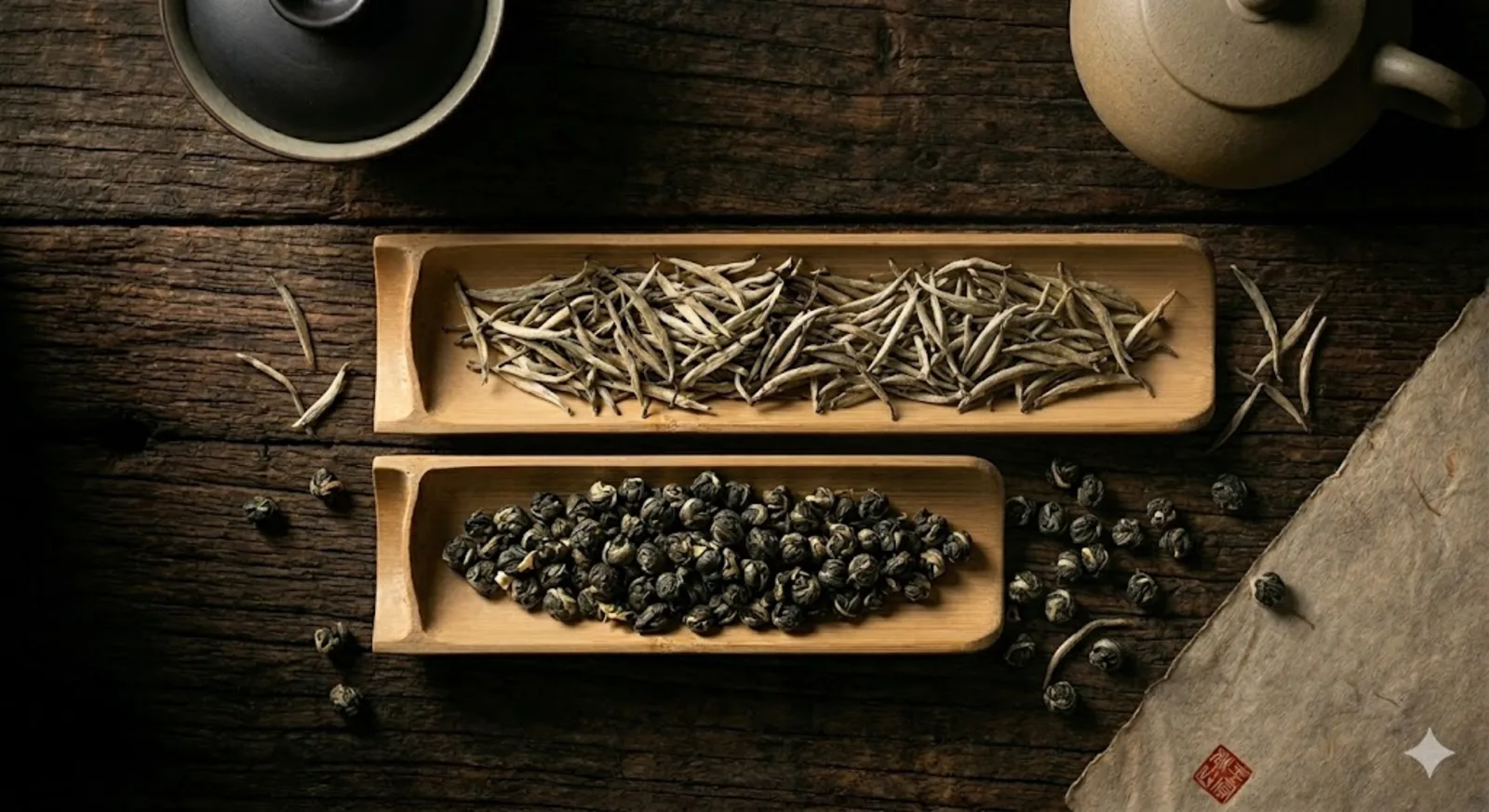 Raw tea leaves displayed on bamboo trays