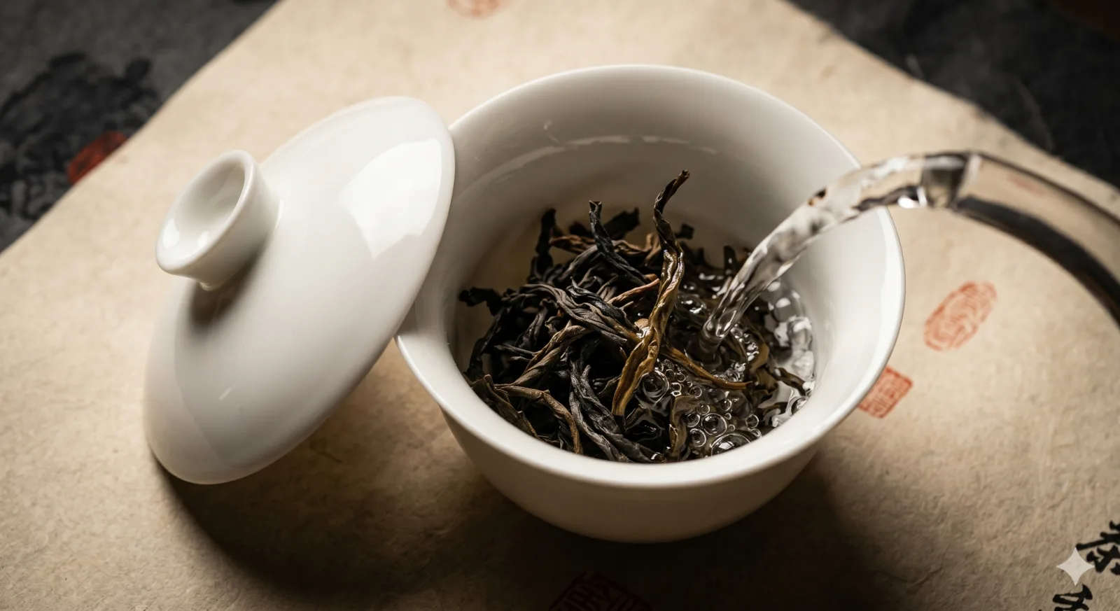 A white gaiwan with tea leaves being steeped
