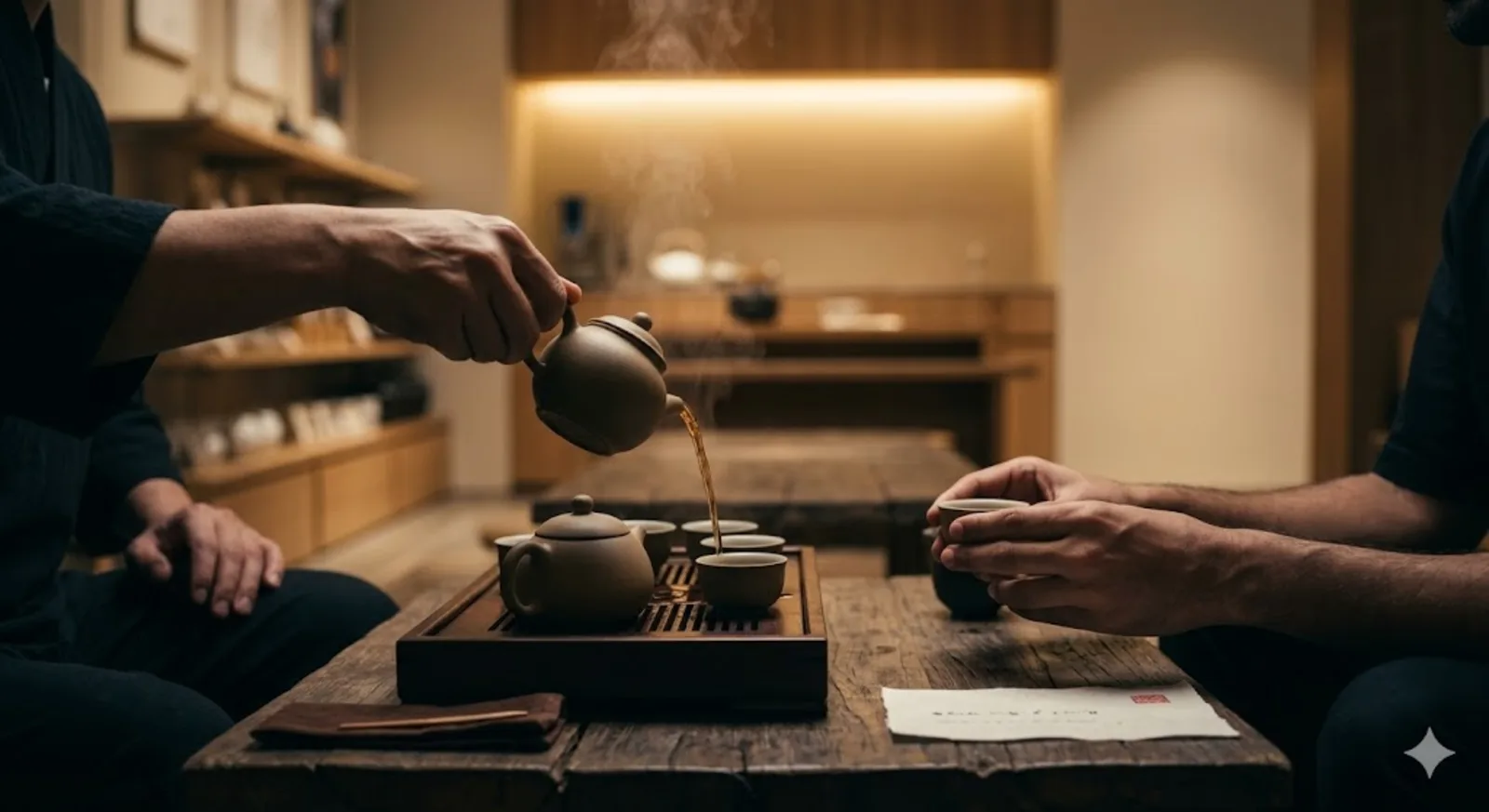 Guests gathered around an intimate tea ceremony table