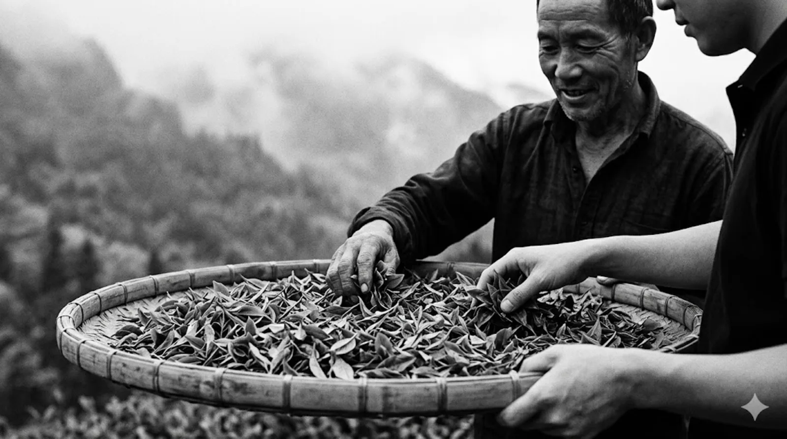 A tea farmer and merchant inspecting tea leaves